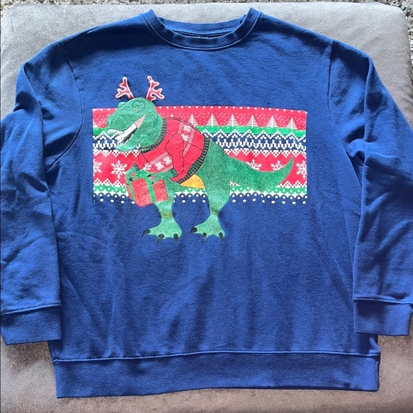 Holiday Ugly Sweater Blue Dinosaur Christmas Sweatshirt XL Crew neck Pullover - Picture 4 of 7